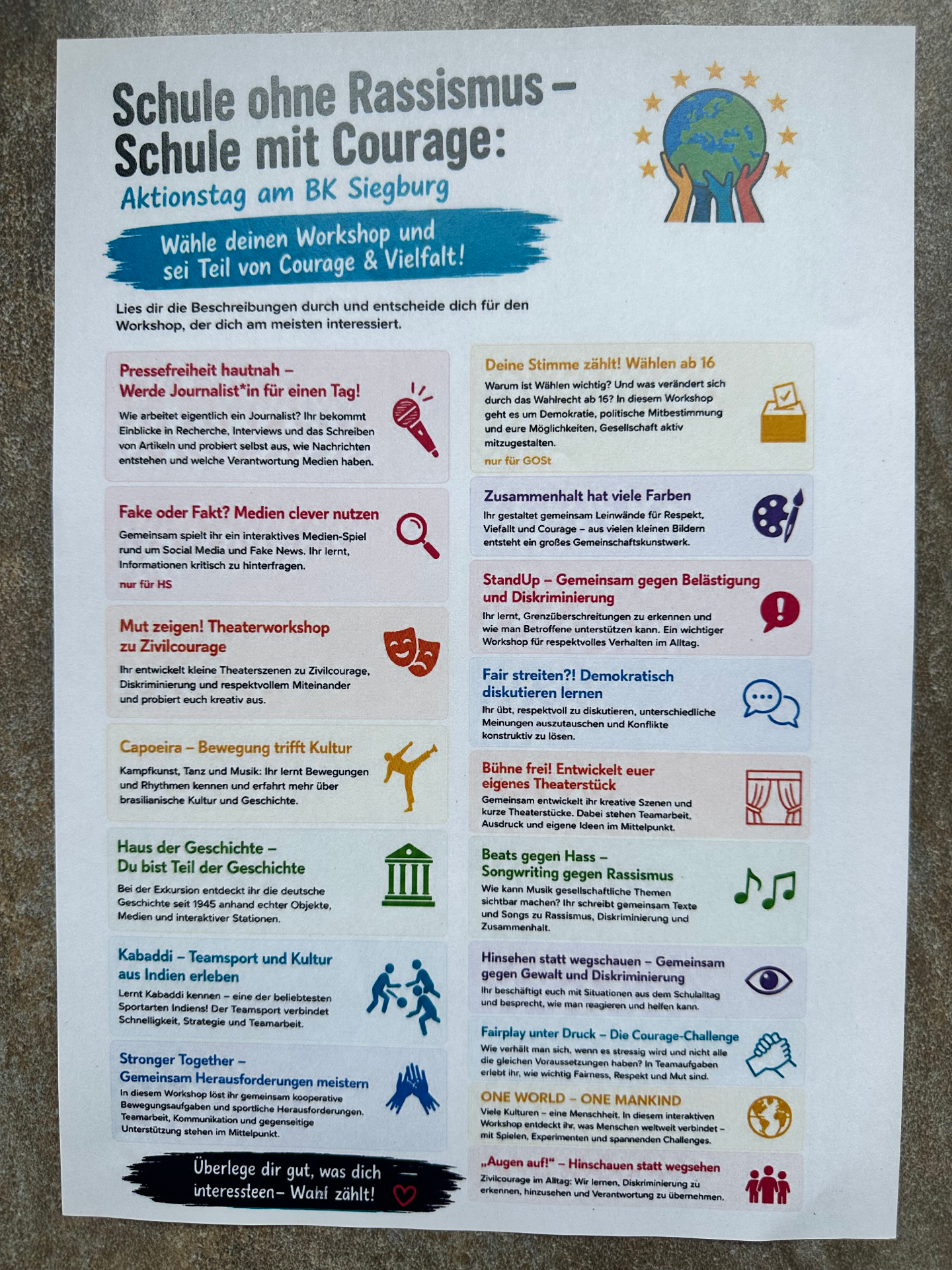 Programm des Aktionstages mit allen 17 Workshops