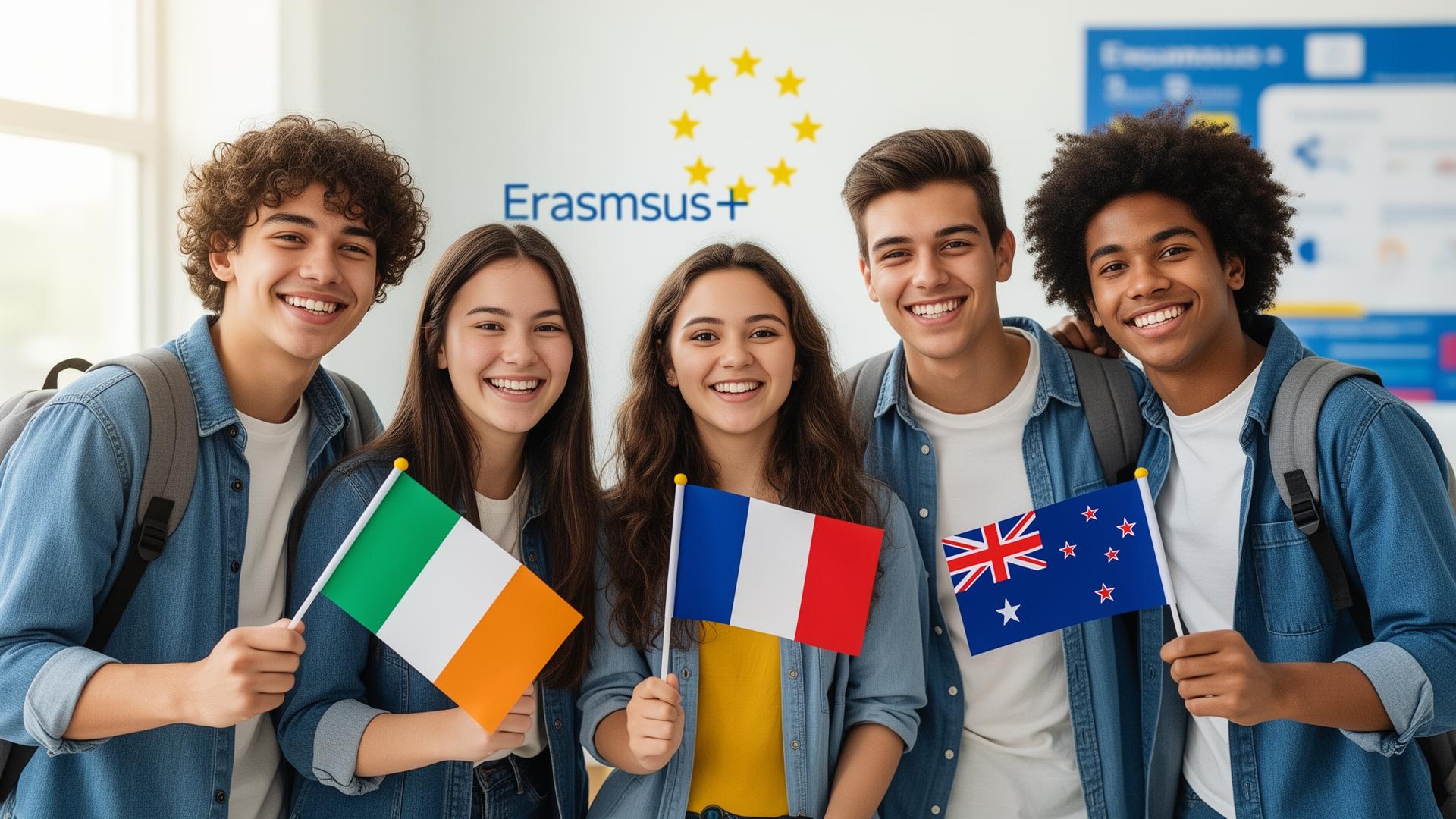 Internationale Schülerinnen und Schüler mit Flaggen aus Irland, Frankreich und Neuseeland vor dem Erasmus+ Logo