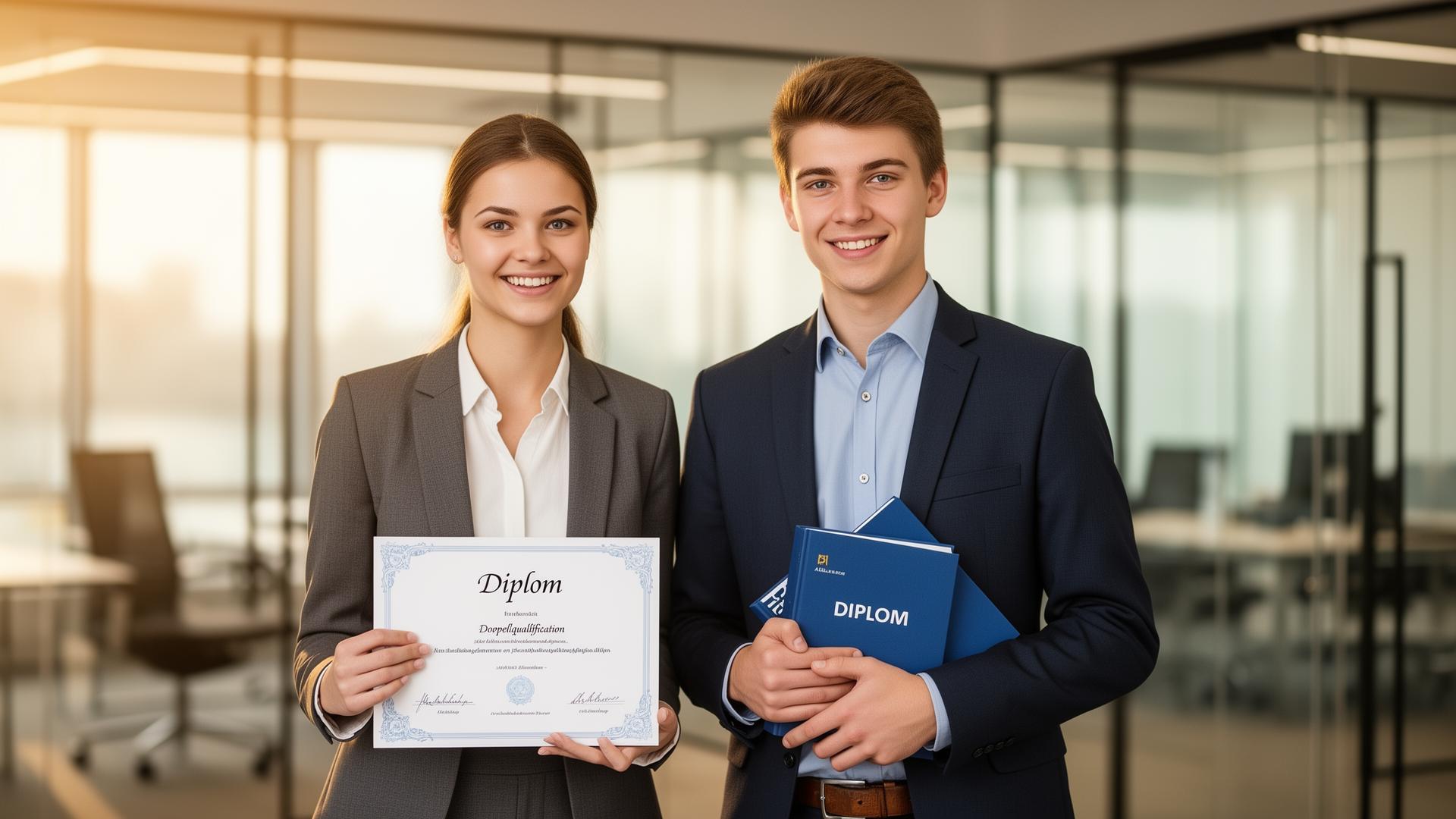 Zwei junge Auszubildende mit Abschluss-Urkunde und Buch in einem modernen Büro
