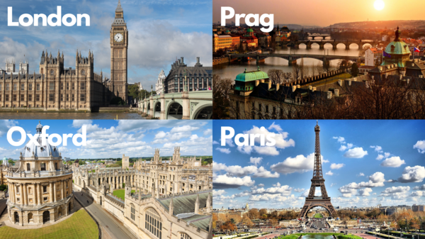 Collage beliebter Kursfahrt-Ziele: London, Prag, Oxford und Paris