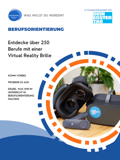 Plakat: Entdecke über 250 Berufe mit einer Virtual-Reality-Brille – Berufsorientierung am Berufskolleg Siegburg